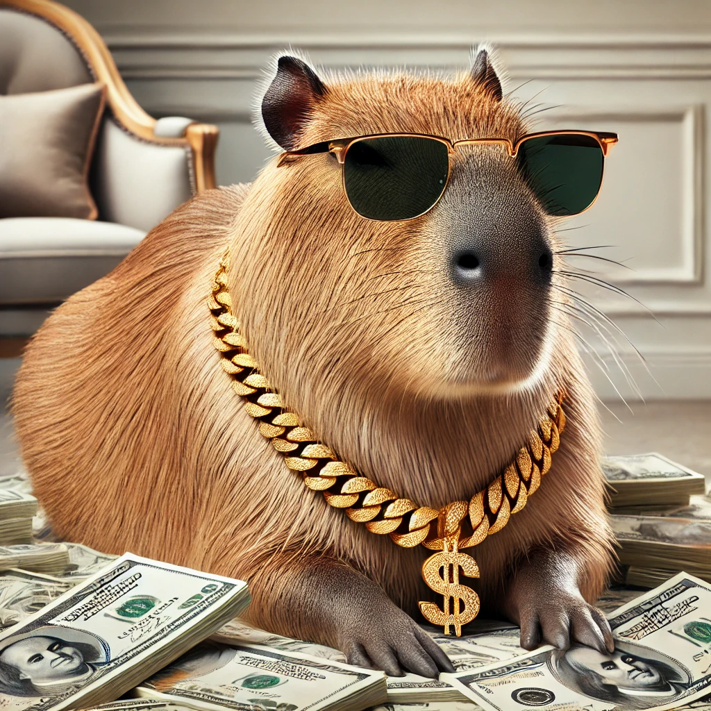 DALL·E2025-02-2612.43.39-Areal-lifeCapybaranamedJan,lookingfatandrich.Janiswearingaluxuriousgoldchain,sunglasses,andsittingonapileofmoneywithaconfide.webp