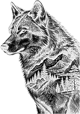 WOLF with beautiful scene on a serving board.xs