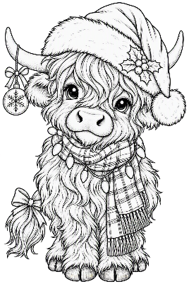Christmas Highland cow with bauble and lights.xs