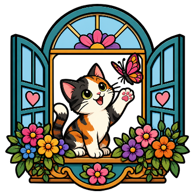 Fensterbild verspielte Katze mit Schmetterling.xs