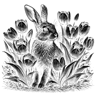 Rabbit in Tulip Flowers Slate Engraving.xs